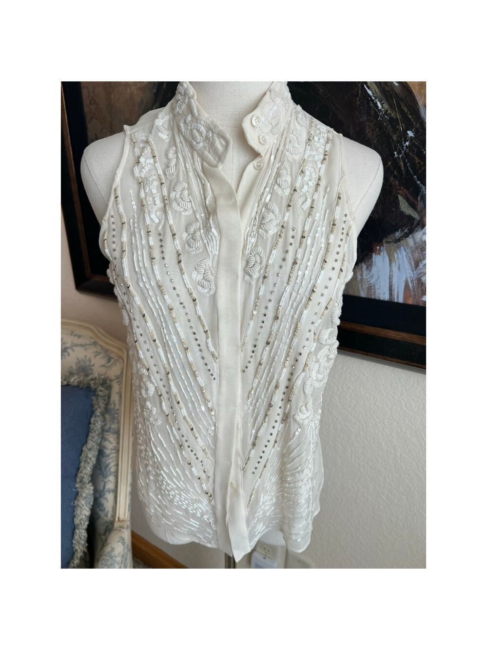 NWT BARBARA BUI Ivory Beaded Silk Blouse L